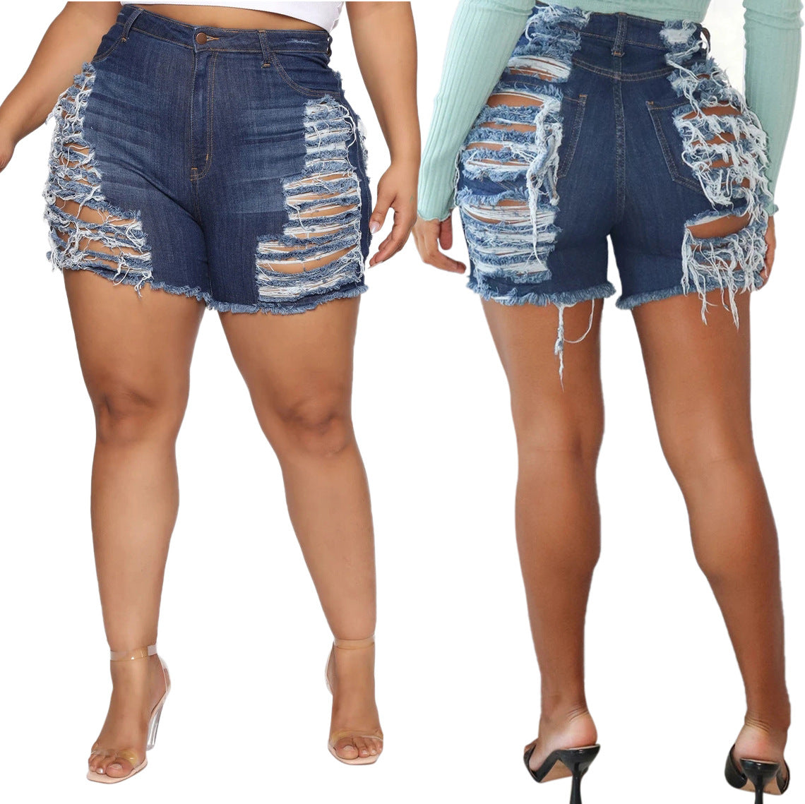 Fashion Slim-fit Versatile Water Washed Hole Stretch Denim Shorts