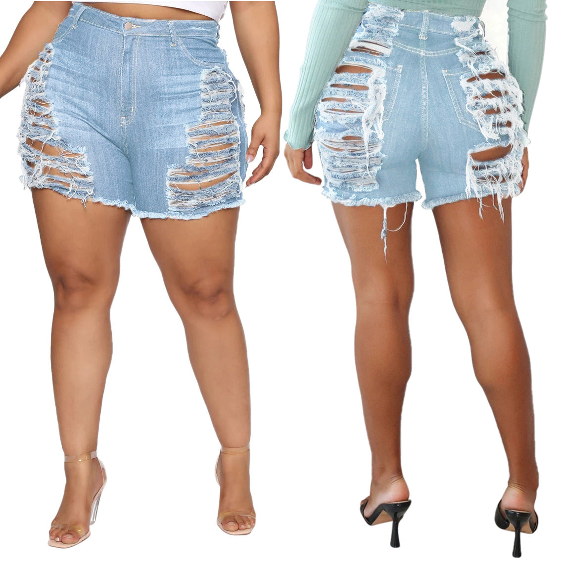 Fashion Slim-fit Versatile Water Washed Hole Stretch Denim Shorts