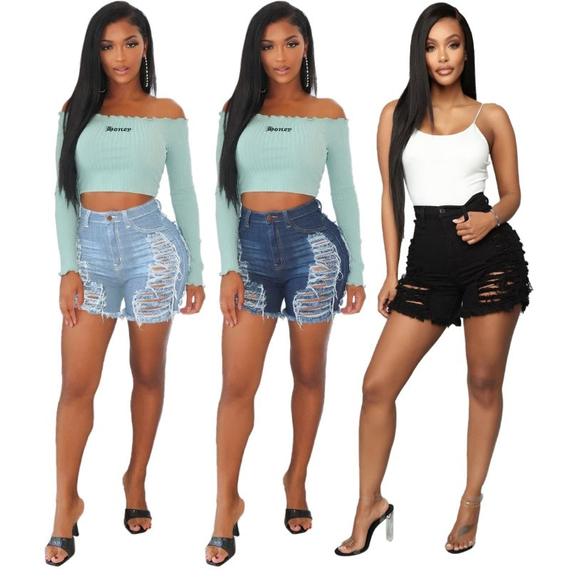 Fashion Slim-fit Versatile Water Washed Hole Stretch Denim Shorts