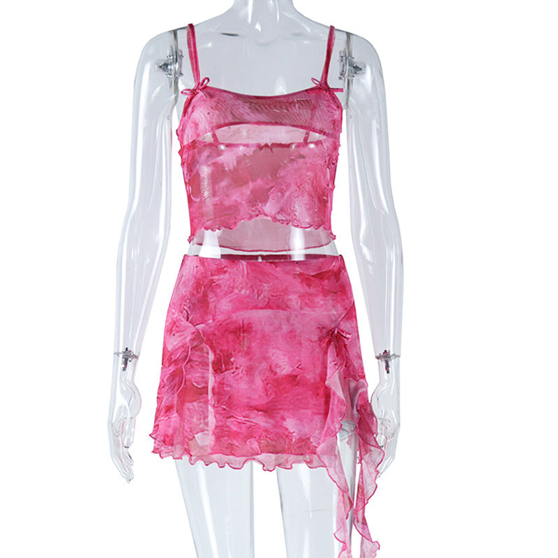 European American Fashion Floral Print Sexy Camisole Split Skirt Two-piece Suit