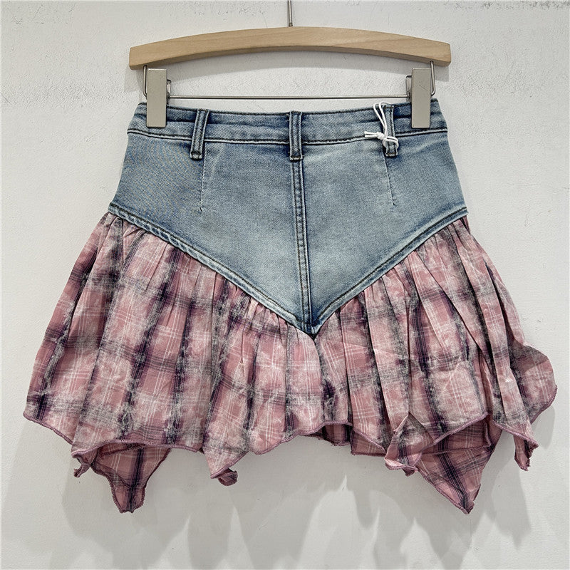 Heavy Industry Stitching Plaid Contrast Color Design Washed Stretch Denim Skirt