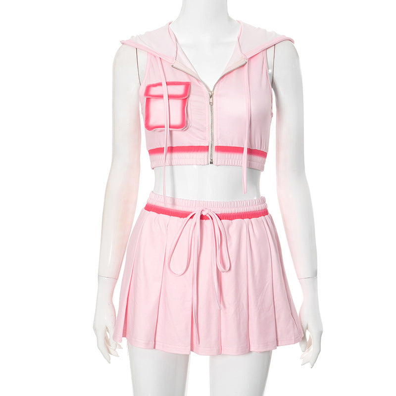 Women's Casual Zipper Lace Up Short Skirt Set