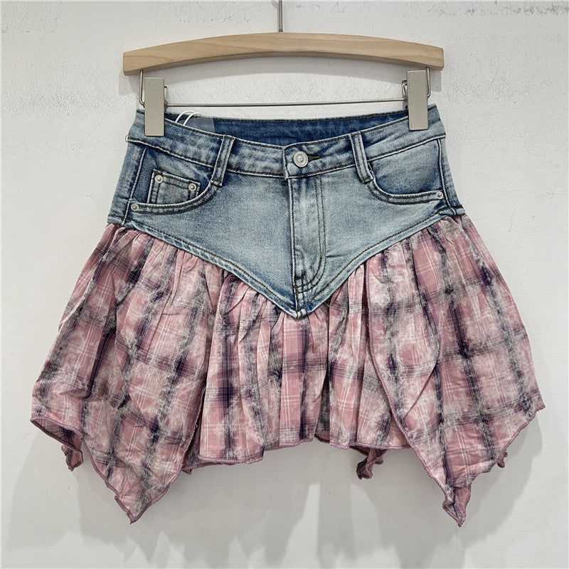 Heavy Industry Stitching Plaid Contrast Color Design Washed Stretch Denim Skirt