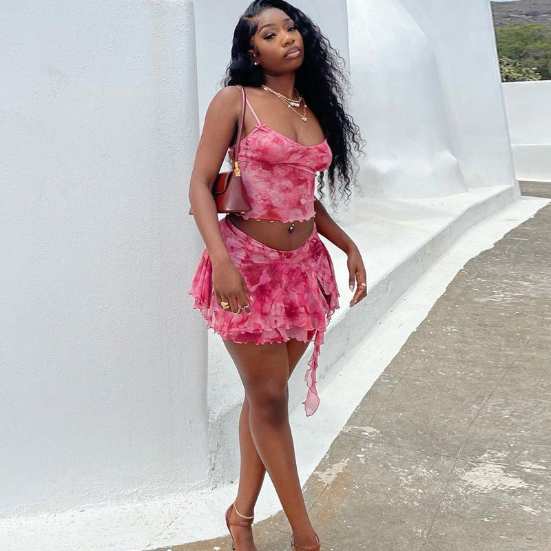 European American Fashion Floral Print Sexy Camisole Split Skirt Two-piece Suit