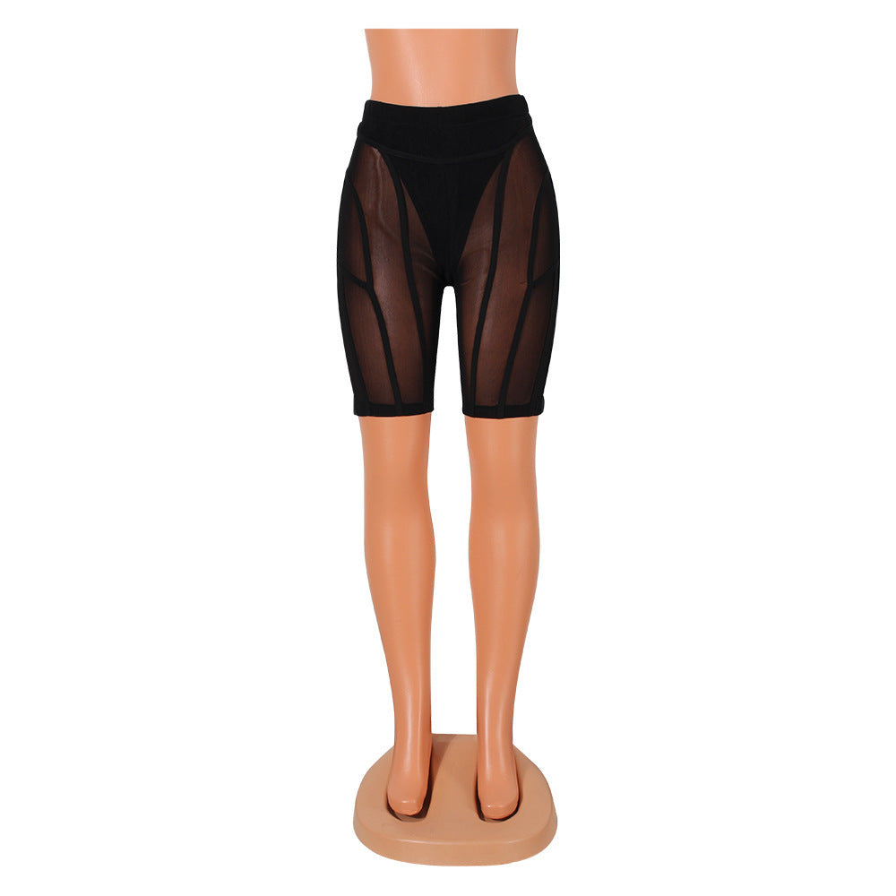 Women's Fashion Skinny Mesh See-through Stitching Shorts