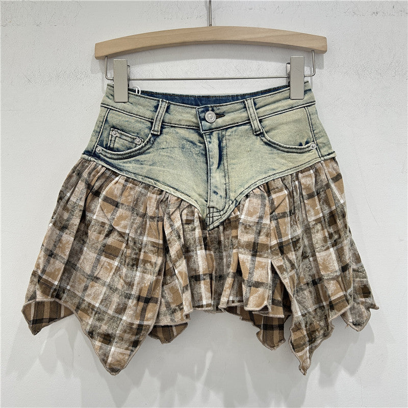 Heavy Industry Stitching Plaid Contrast Color Design Washed Stretch Denim Skirt