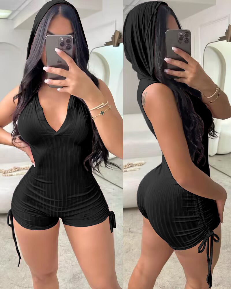 Women's Solid Color Hooded Drawstring Pleated Tight Jumpsuit