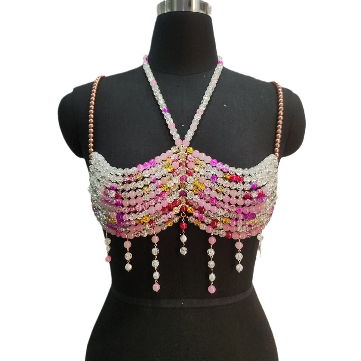 Gradient Color Glass Beaded Chest Necklace Heavy Industry Colorful Beads Body Chains