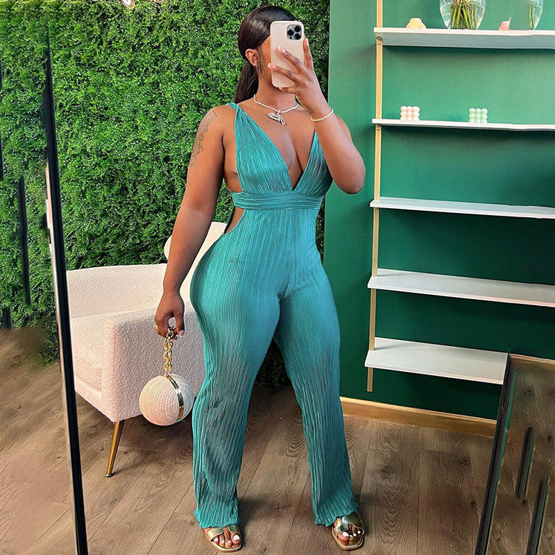 Women's Deep V Kinked High Waist With Straps Backless Jumpsuit