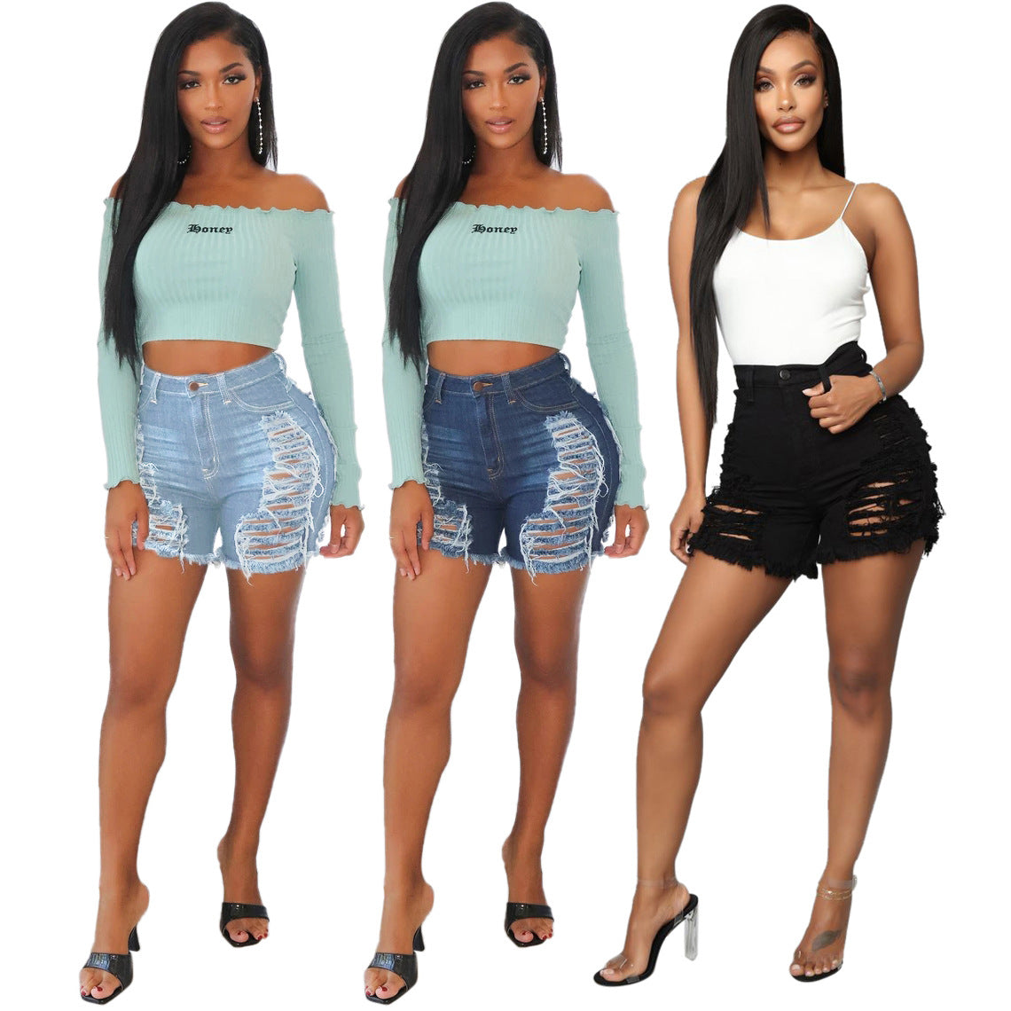 Fashion Slim-fit Versatile Water Washed Hole Stretch Denim Shorts