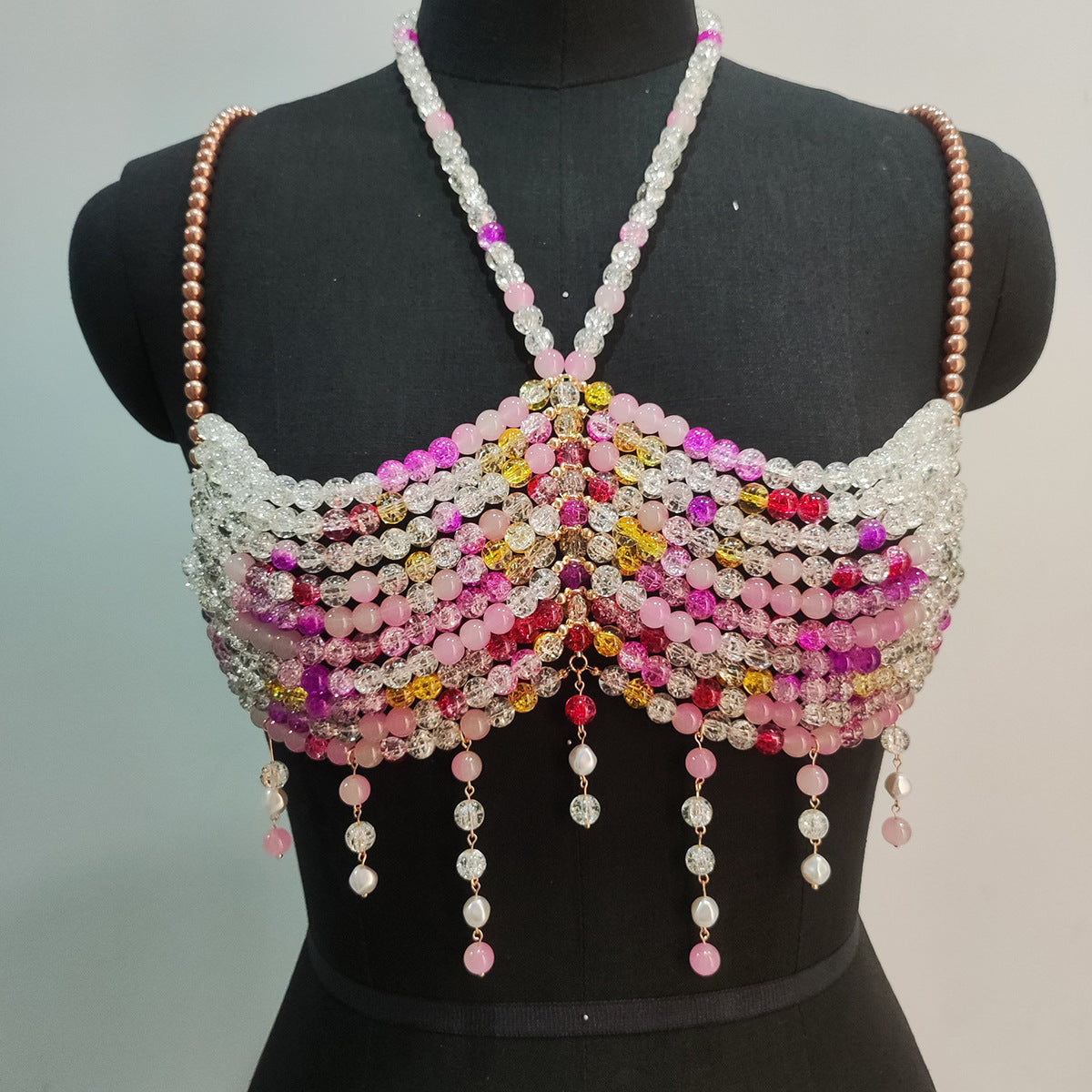 Gradient Color Glass Beaded Chest Necklace Heavy Industry Colorful Beads Body Chains