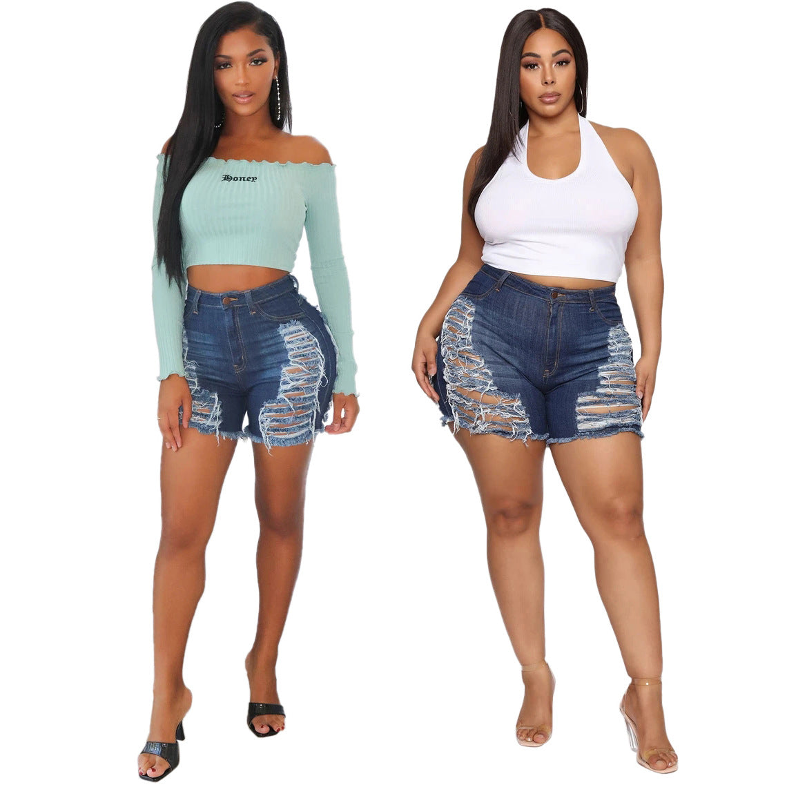 Fashion Slim-fit Versatile Water Washed Hole Stretch Denim Shorts