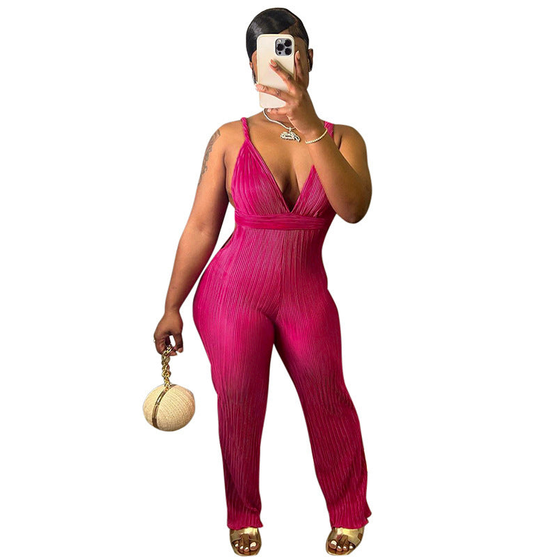 Women's Deep V Kinked High Waist With Straps Backless Jumpsuit
