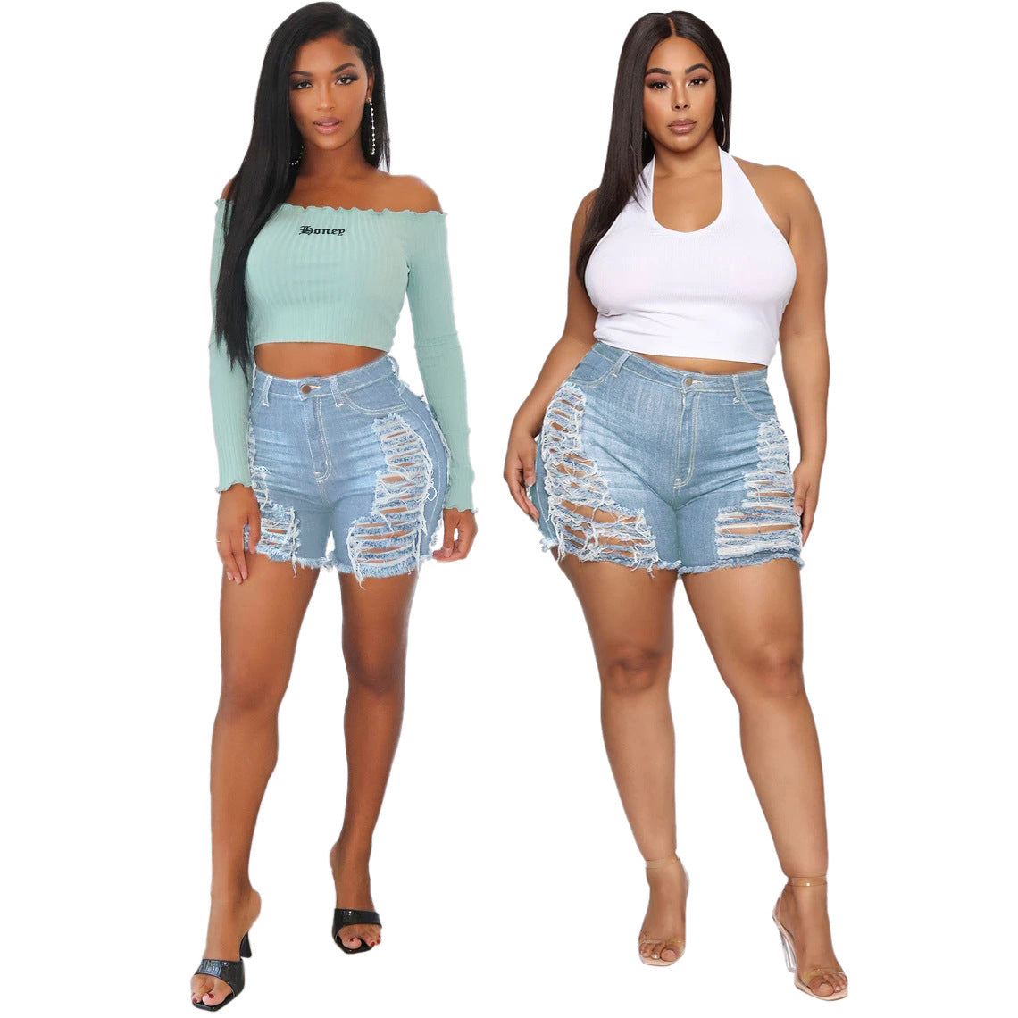 Fashion Slim-fit Versatile Water Washed Hole Stretch Denim Shorts