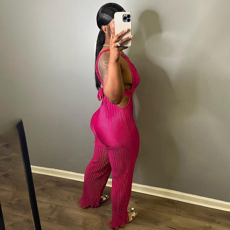 Women's Deep V Kinked High Waist With Straps Backless Jumpsuit