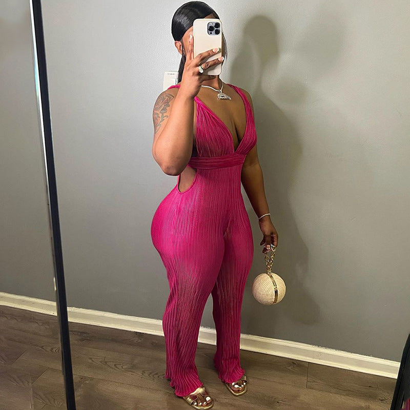 Women's Deep V Kinked High Waist With Straps Backless Jumpsuit