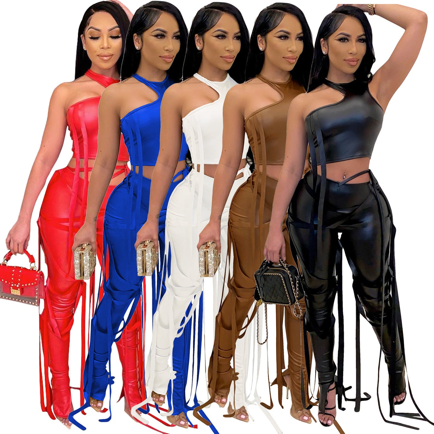Women's Sexy Two-piece Suit Vest Strap Suit Faux Leather Pants