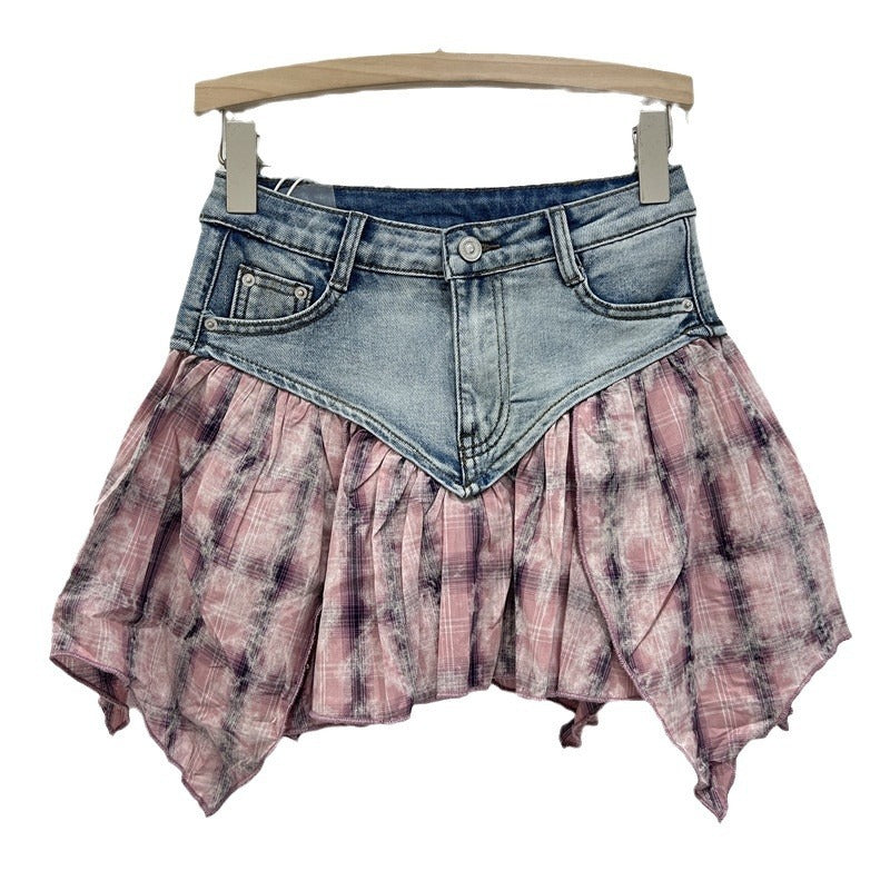 Heavy Industry Stitching Plaid Contrast Color Design Washed Stretch Denim Skirt