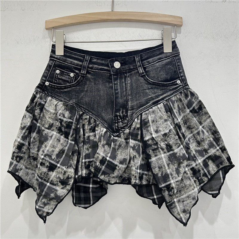 Heavy Industry Stitching Plaid Contrast Color Design Washed Stretch Denim Skirt