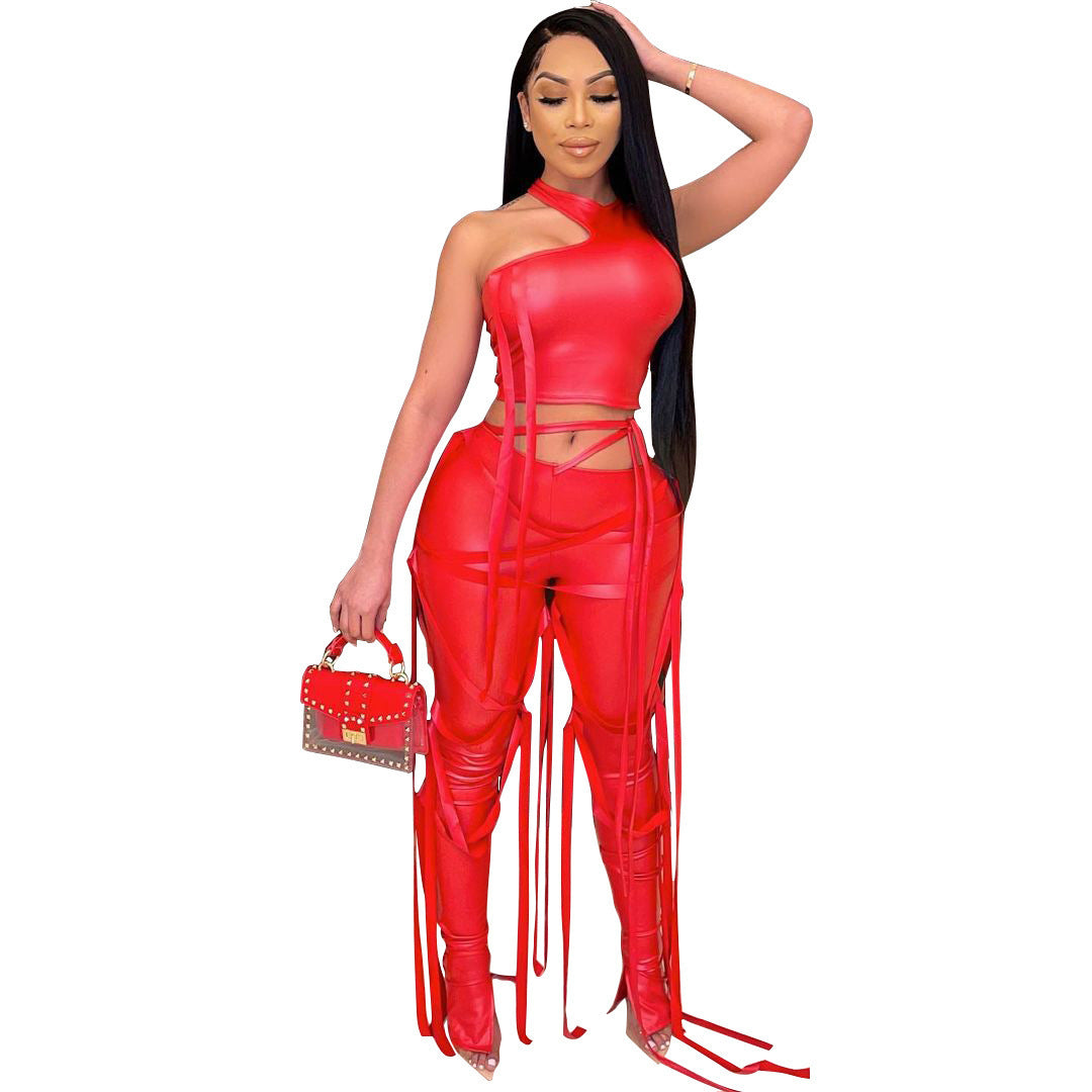 Women's Sexy Two-piece Suit Vest Strap Suit Faux Leather Pants