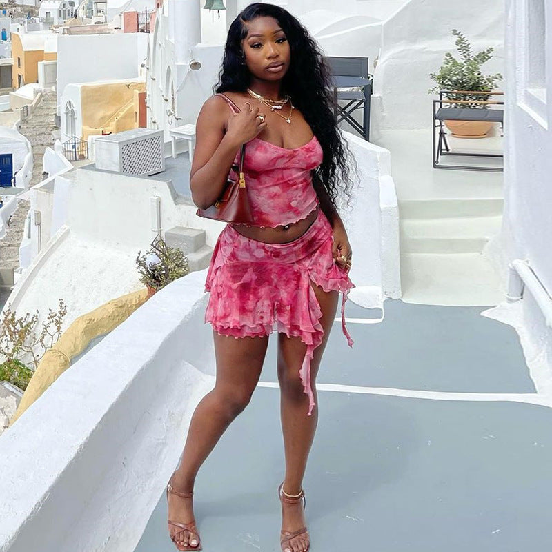 European American Fashion Floral Print Sexy Camisole Split Skirt Two-piece Suit