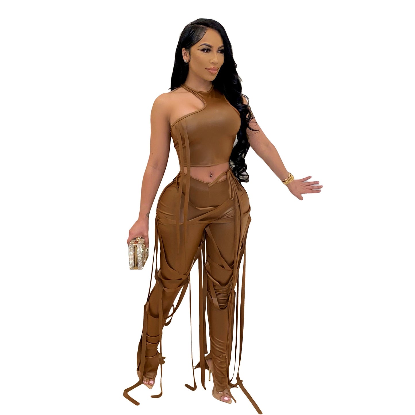 Women's Sexy Two-piece Suit Vest Strap Suit Faux Leather Pants