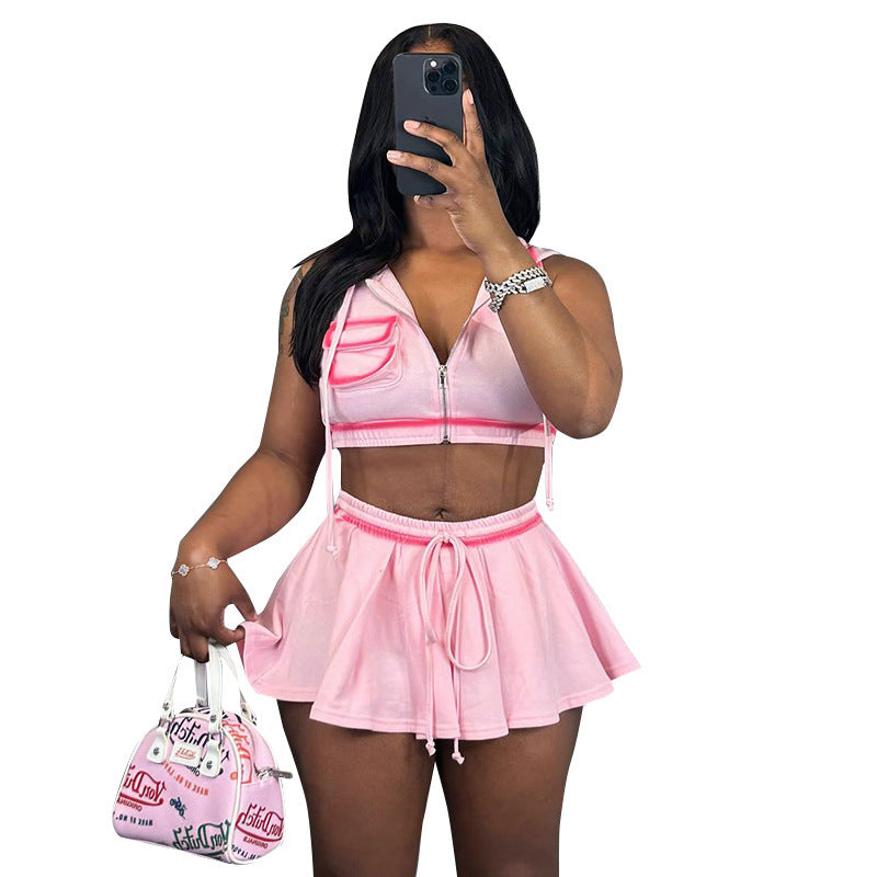 Women's Casual Zipper Lace Up Short Skirt Set