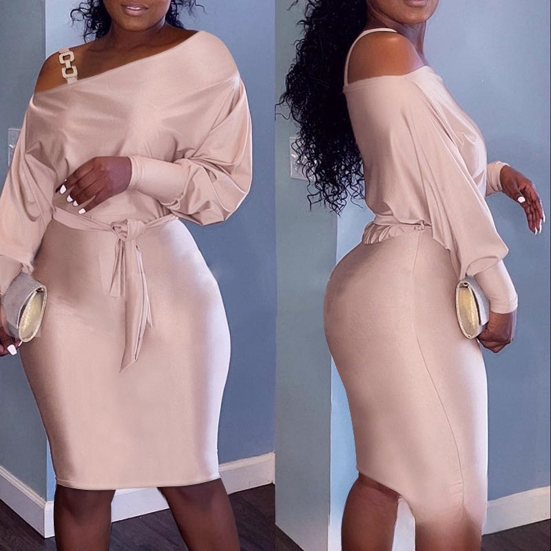 Women's Clothing Champagne Off-shoulder Long Sleeve Cinched Bodycon Jumpsuit