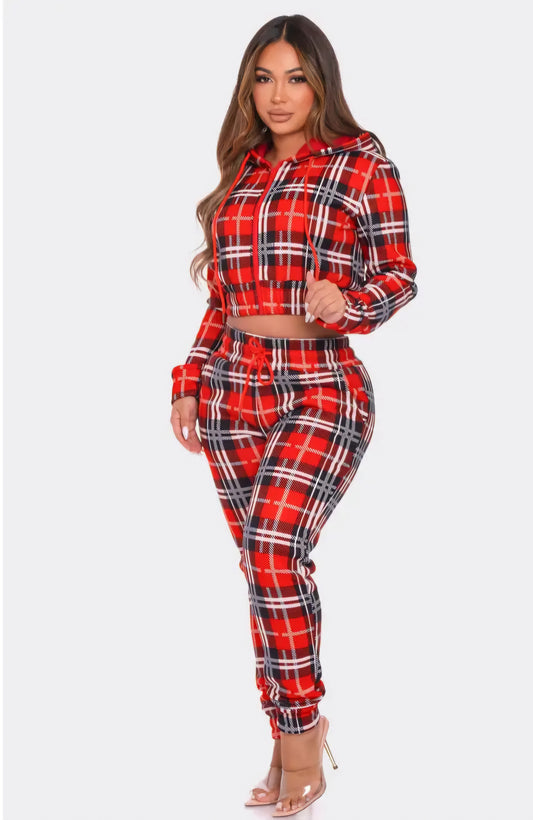 Sexy Plaid PRINT Halter Top Jogger Set