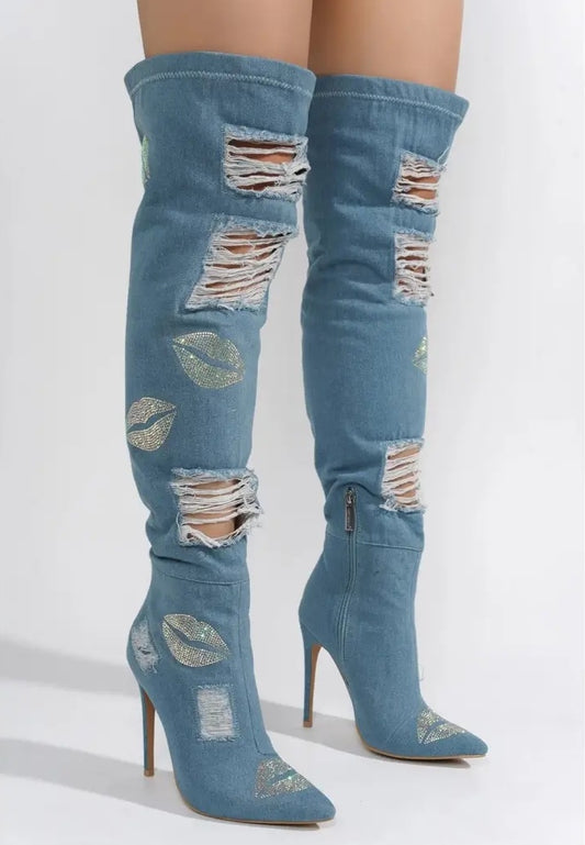 Rhinestone Denim Kiss Me Boots
