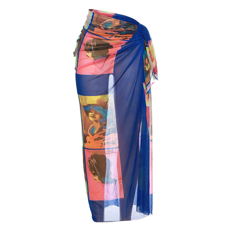 Ladies Fashion Mesh Print Tie Irregular