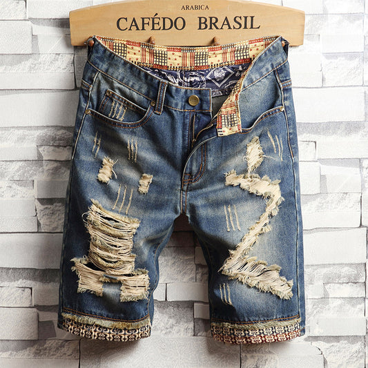 Men's Denim Shorts Ripped Five-point Pants Men's