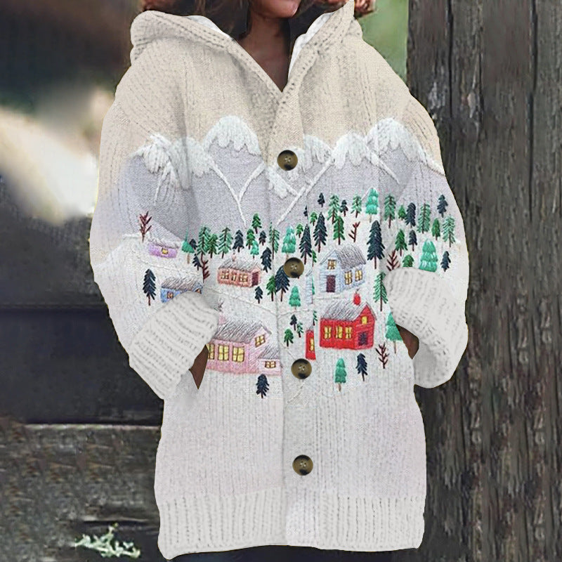 Women's Faux Wool Sweater Loosefit Jacquard Hooded Jacket