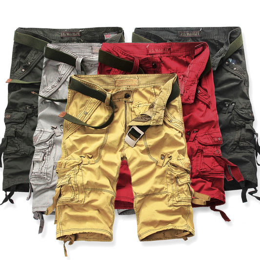 Men's loose multi-pocket overalls washed cropped pants