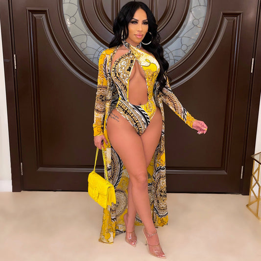 European And American Fashion Sexy Print Long Sleeve Shawl Swimsuit Two-piece
