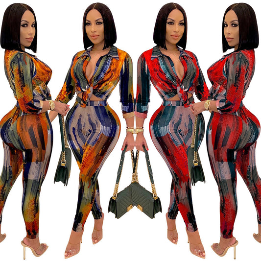 Sexy Tight-Fitting Cardigan Casual Two-Piece Women Suit