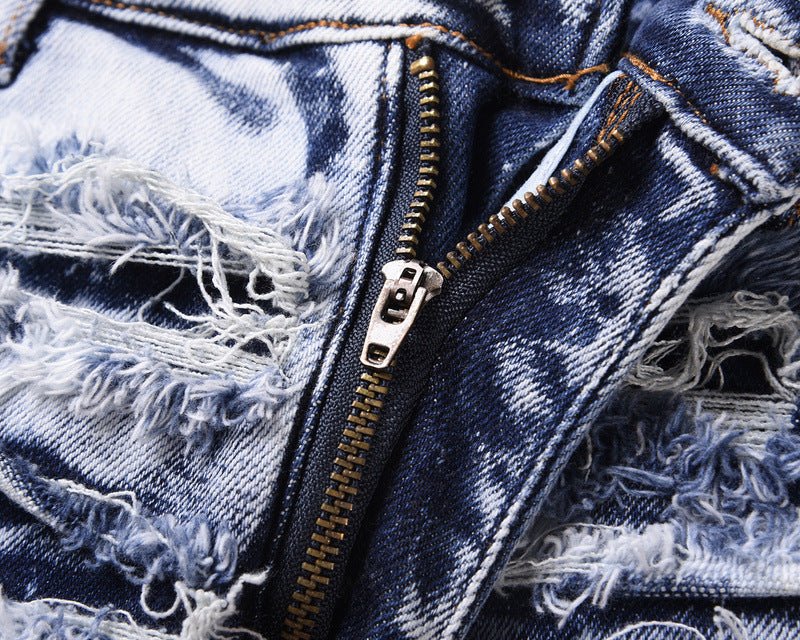 Washed Blue Ripped Zipper Distressed Beggar Pants