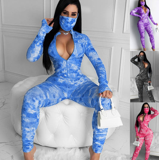 New Sports High Waist Tight Hip Raise Tie Dye Folded Bodysuit