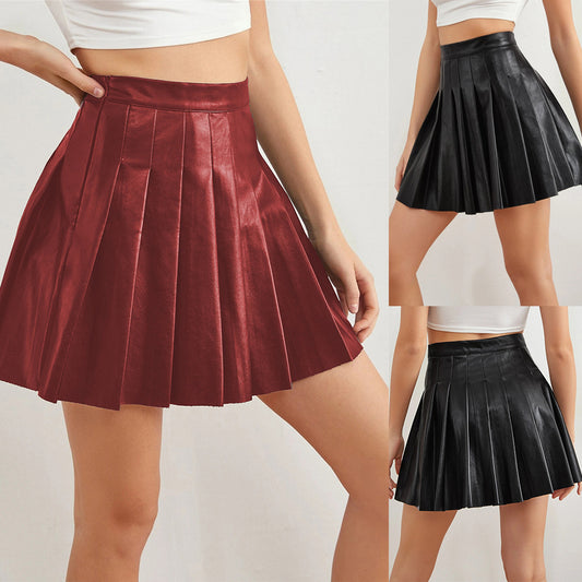 Popular PU Pleated Skirt Summer Short Skirt Elegant High Waist Leather Skirt European And American Style Cross-border