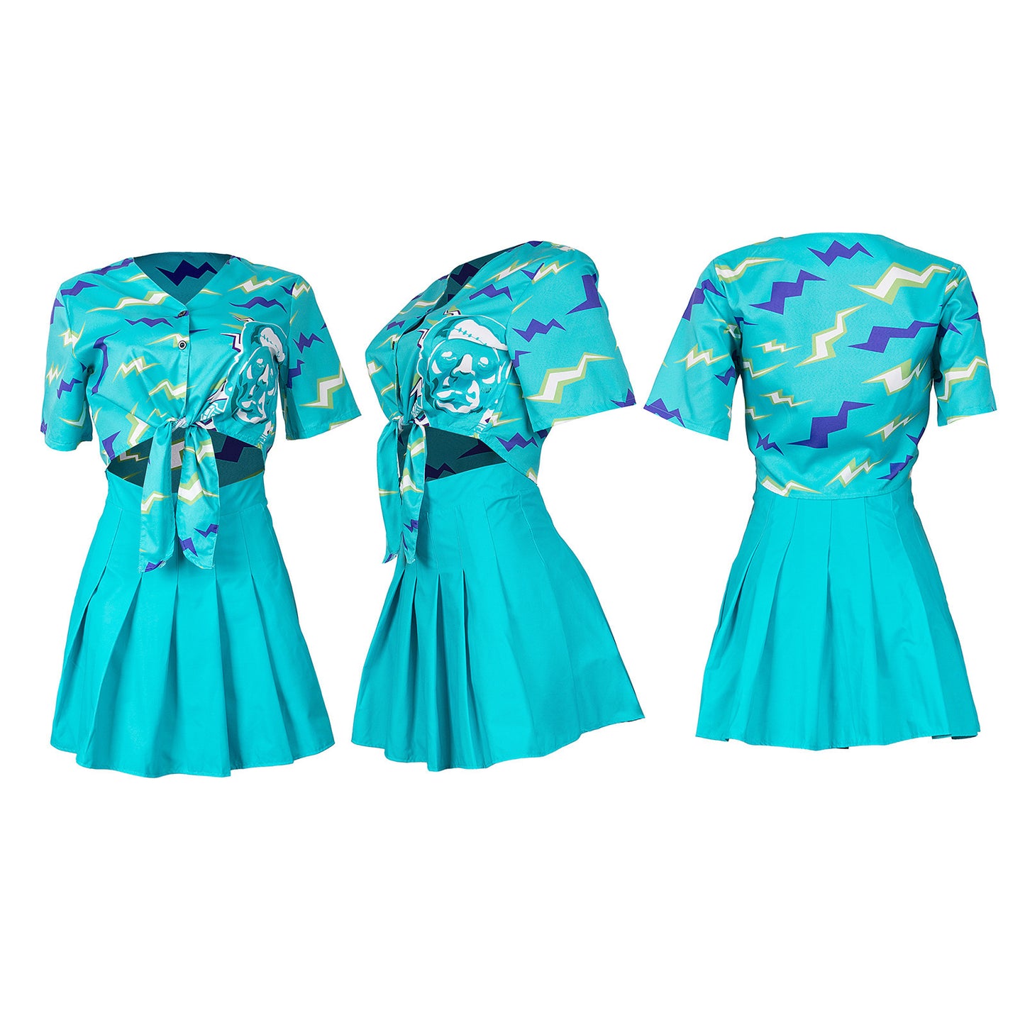 Printed Skull Head Loose Button Shirt Pleated Skirt