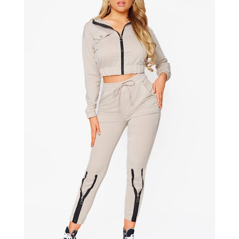 Zipper Design Long Sleeve Top Drawstring Pants Casual Suit