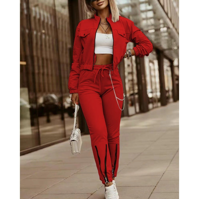 Zipper Design Long Sleeve Top Drawstring Pants Casual Suit