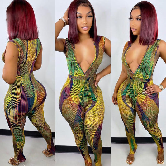 European And American Sexy Deep V Stripe Digital Printing One-piece Nightclub Uniforms