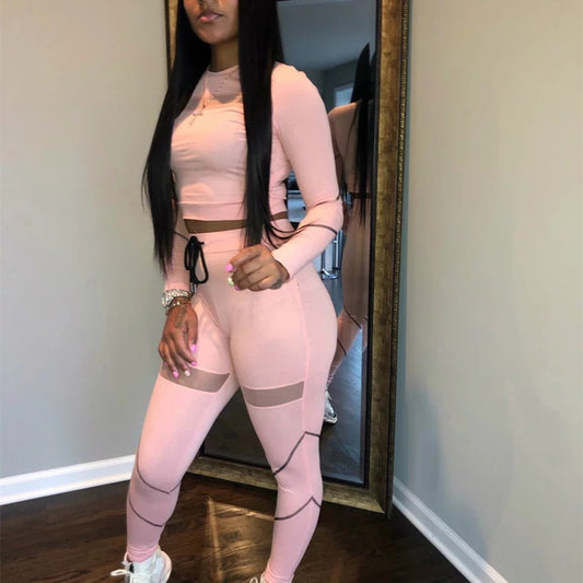 Mesh Stitching See-through Stripe Fluorescent Contrast Color Sports Casual Two-piece Suit
