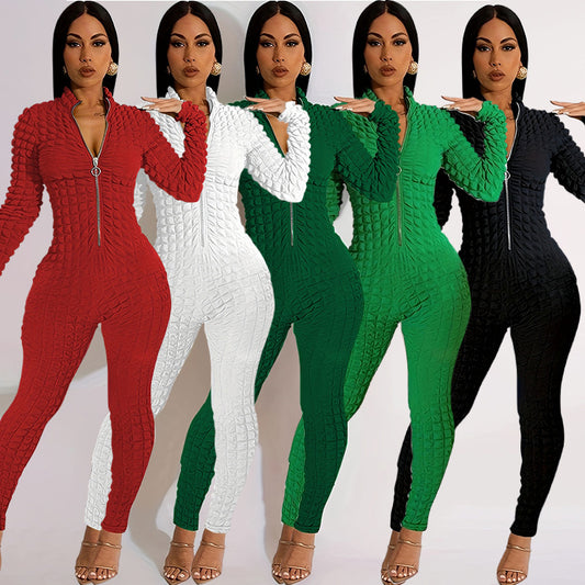 Solid Color Casual Popcorn Seersucker Zipper Jumpsuit