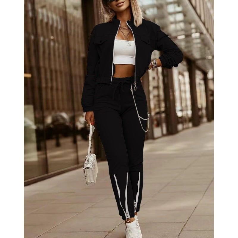 Zipper Design Long Sleeve Top Drawstring Pants Casual Suit