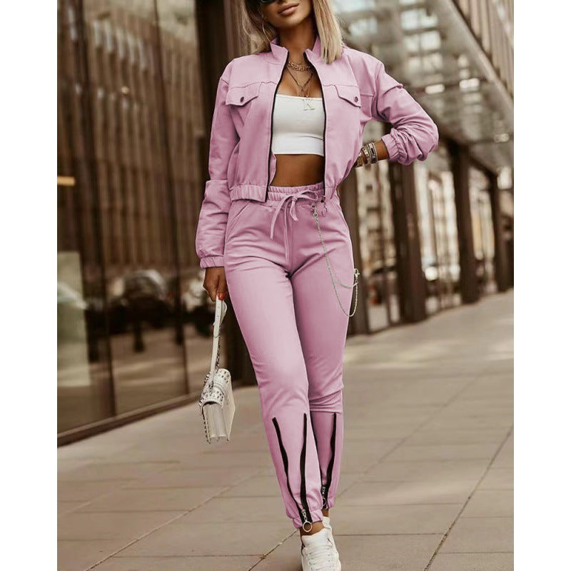 Zipper Design Long Sleeve Top Drawstring Pants Casual Suit