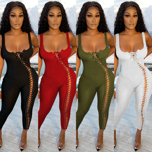 Women's Fashion Simple Strapping Hollow Jumpsuit