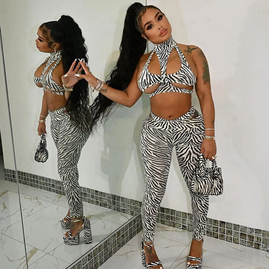 New Fashion Print High Neck Hollow  Back Sleeveless Vest Hip Lift Elastic Trousers Suit