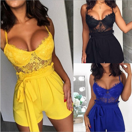V-neck Sleeveless One-piece Shorts Containing Belt
